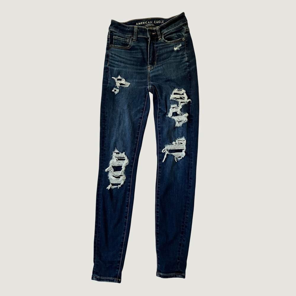 American Eagle Hi-Rise Jegging Dark Wash Distressed Next Level Stretch Size 2